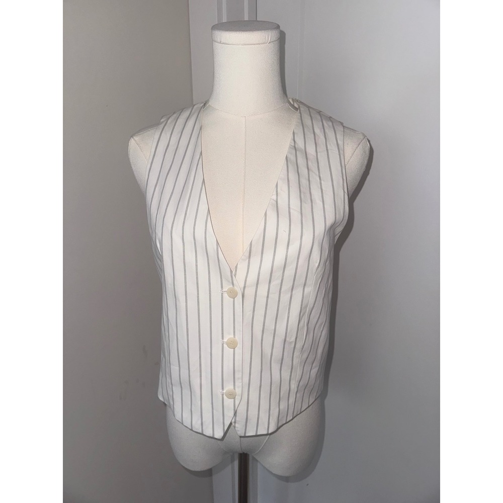 ZARA Classic Pinstripe Vest Womens White‎ Gray Button Front Adjustable Back
